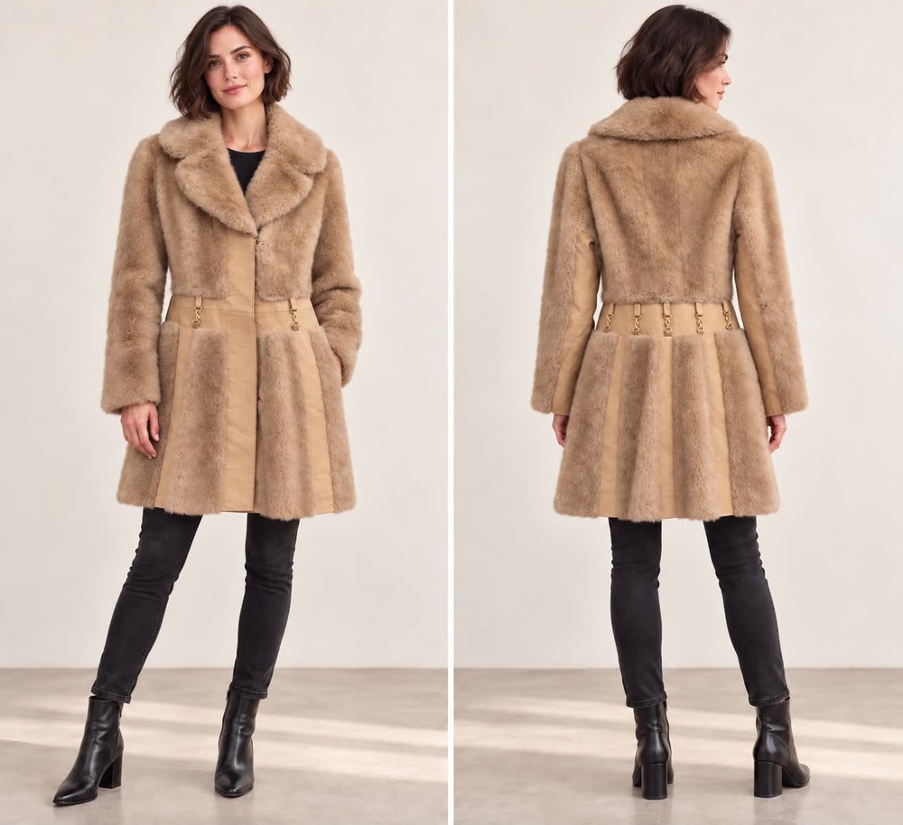 Vintage 60s 70s Girmes Faux Fur Leather Coat England Gold Hardware Mod Boho EUC